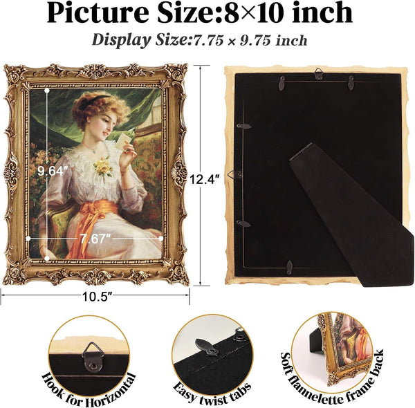 8X10 Vintage Photo Frames, Gold Hand-Crafted Resin Photo Frame with Easel & Hook, Home Ornament for Tabletop or Wall Mount2