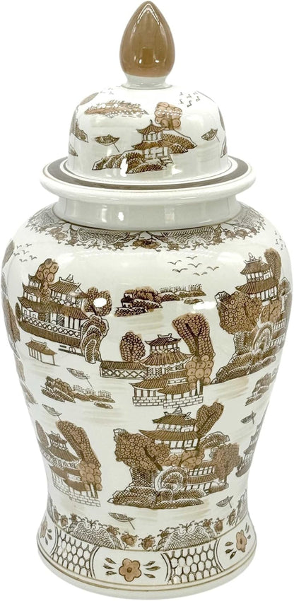 Large 25" Brown & White Classic Landscape Chinoiserie Ceramic Temple Jar W/Lid - Ginger Jar Home & Kitchen Decor for Interior Design - 25-Inch2