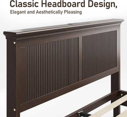 Wood Queen Bed, Solid Wood Bed with Tall Headboard, American Vintage Design, Queen Bed with Charging Station & RGB LED, Wood Slats Support, Noise-Free, Sturdy Structure, Easy Assembly, Walnut3