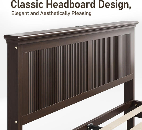 Wood Queen Bed, Solid Wood Bed with Tall Headboard, American Vintage Design, Queen Bed with Charging Station & RGB LED, Wood Slats Support, Noise-Free, Sturdy Structure, Easy Assembly, Walnut3