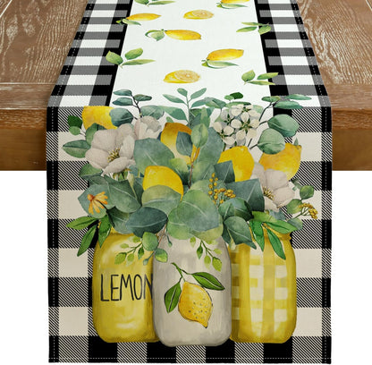 Black Buffalo Check Summer Table Runner 13 X 60 Inch, Lemon Vase Spring Farmhouse Rustic Holiday Runners Kitchen Dining Table Decoration for Indoor Outdoor Dinner Party Décor1