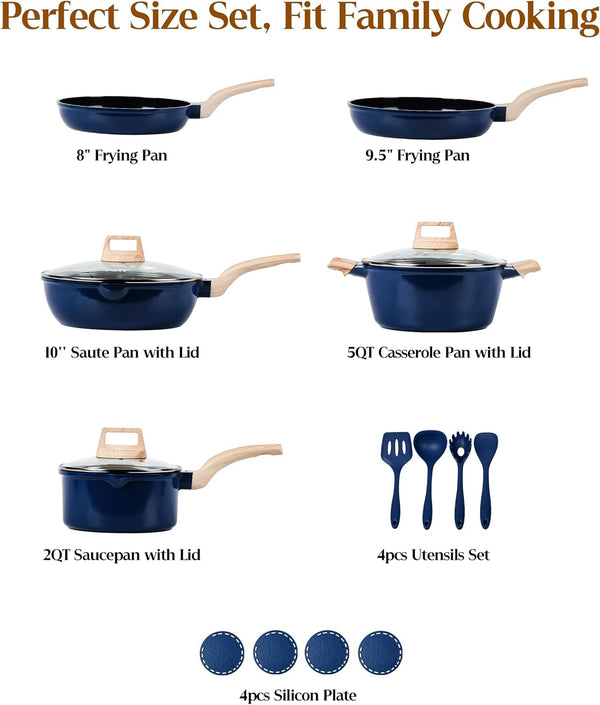 16Pcs Titanium Pots and Pans Set,Toxic-Free Cookware Set, Dishwasher & Oven Safe, Induction Compatible with Bakelite Wood Grain Handle, Compact and Durable3