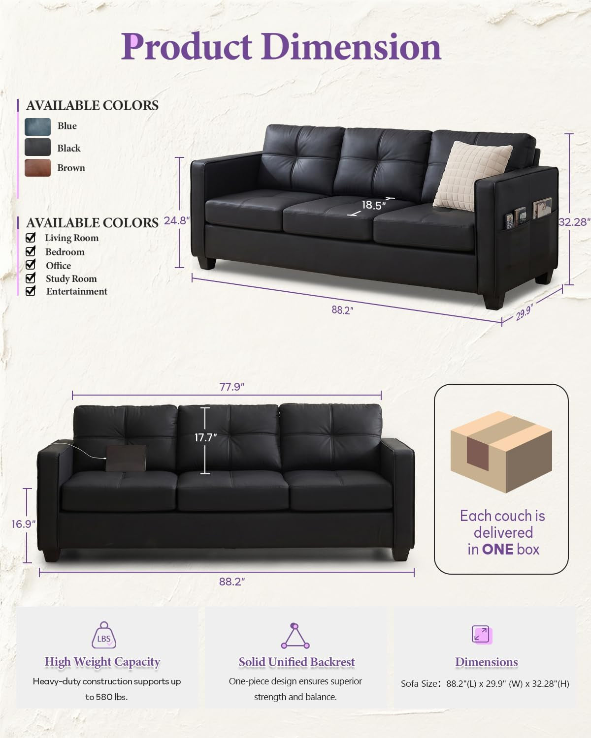 88-black-faux-leather-couch-with-usb-3-seater
