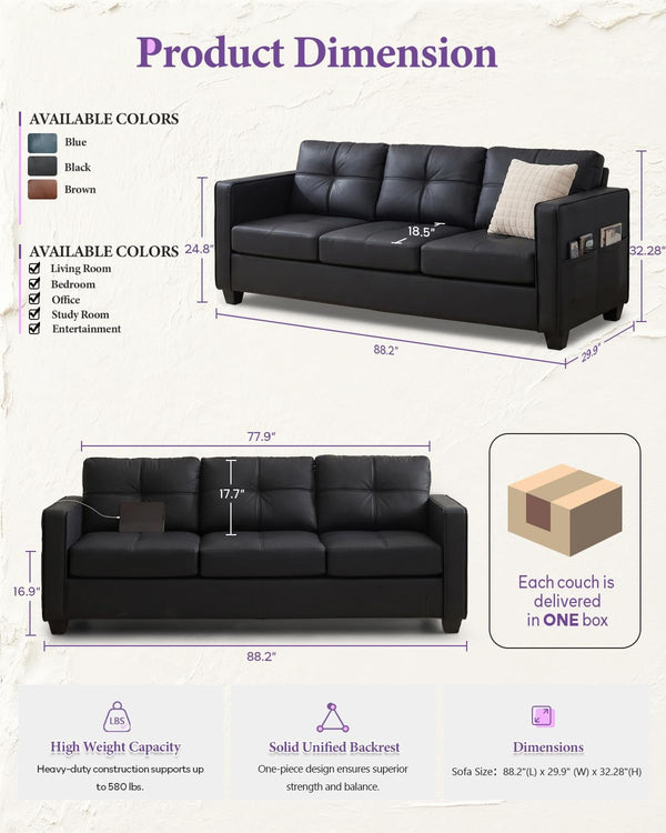 88'' Black Faux Leather Couch with USB, 3-Seater2