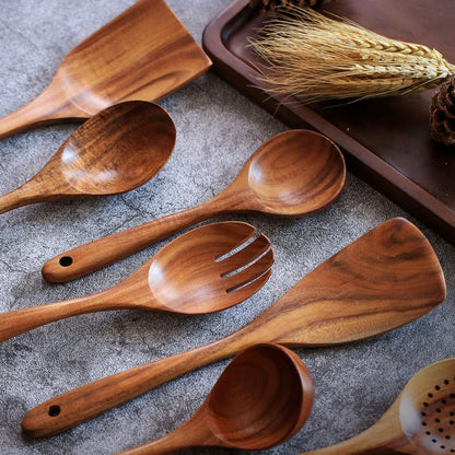 Wooden Non-Stick Kitchen Pan Toolset 7 Pieces Set, Natural Kitchen Utensils Spatula, Wooden Cooking Utensils Spoons, Fried Spatula and Salad Fork4