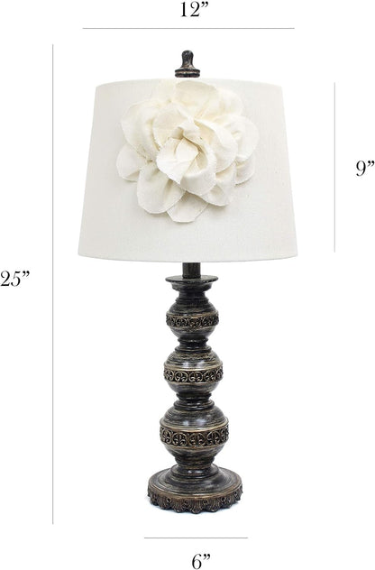 LT3097-WHT Stacked Ball Lamp with Couture Linen Flower Shade, Aged Bronze3