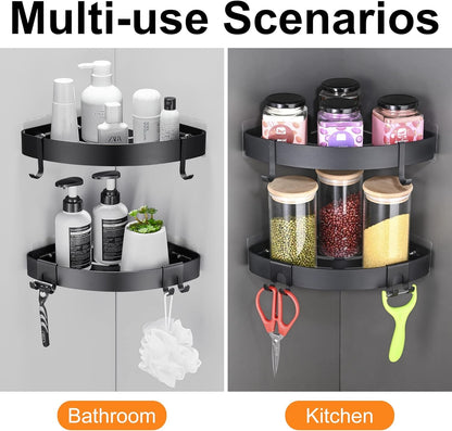 Adhesive Corner Shower Caddy with Hooks, Black, 2 Pack5