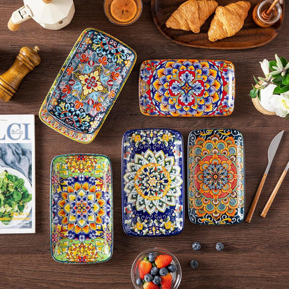 Simi 6-Piece Rectangular Ceramic Plates Set, 8.5" X 5.1" Small Dessert & Sushi Plates, Bohemian Appetizer Serving Plates, Microwave & Oven Safe Porcelain Plates8