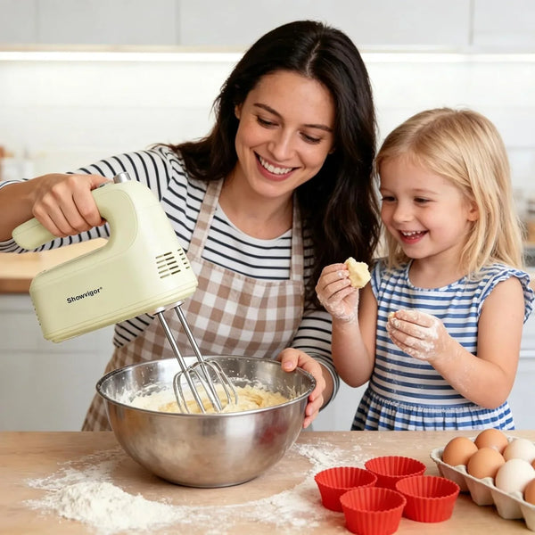 Electric Hand Mixer, 300W Handheld Mixer with 5 Stainless Steel Accessories, 5 Adjustable Speeds + Turbo Boost & Self-Control, One-Button Eject, Food Beater for Cakes, Eggs, Dough (Beige)7
