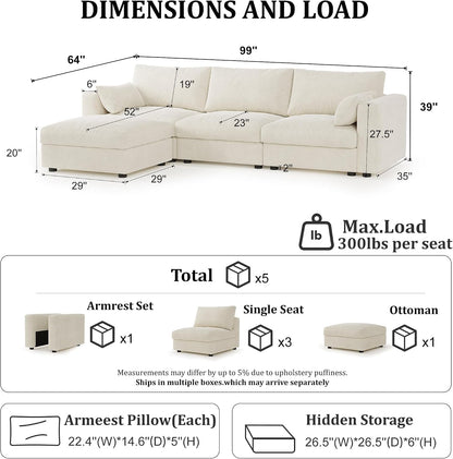 99" Cloud Modular Sectional Sofa with Storage, L‑Shaped Couch with Movable Ottoman, 4 Seater Oversized Cloud Sofa for Living Room, Chenille Fabric, Solid Wood Frame, Tool‑Free Assembly, Beige2