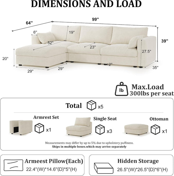 99" Cloud Modular Sectional Sofa with Storage, L‑Shaped Couch with Movable Ottoman, 4 Seater Oversized Cloud Sofa for Living Room, Chenille Fabric, Solid Wood Frame, Tool‑Free Assembly, Beige2