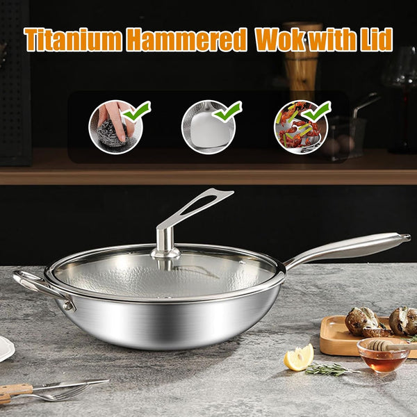 Titanium Hammered Wok with Double Handles, Frying Pans Nonstick, Non-Stick Wok, Scratch-Resistant Non Stick Titanium Pans for Cooking,14.17In3