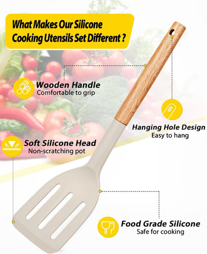 Pack of 4 Silicone Cooking Utensils Set, Non Stick Solid Spatulas and Heat Resistant Slotted Spoons with Wooden Handle, Ideal Wood Kitchen Utensils Set for Frying,Serving,Turning,Stirring (KHAKI)2
