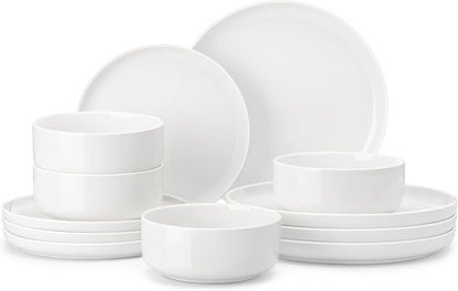 12 Pcs Porcelain Plates and Bowls Sets,Dinnerware Set for 4,White1