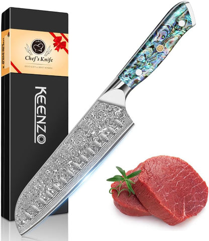 Damascus Santoku Knife 7 Inch, Razor Sharp Professional Chef Knife, Japanese Hand Forged 67 Layers Hammered Damascus Blade, Ergonomic Abalone Shell Handle Cooking Knife with Gift Box1