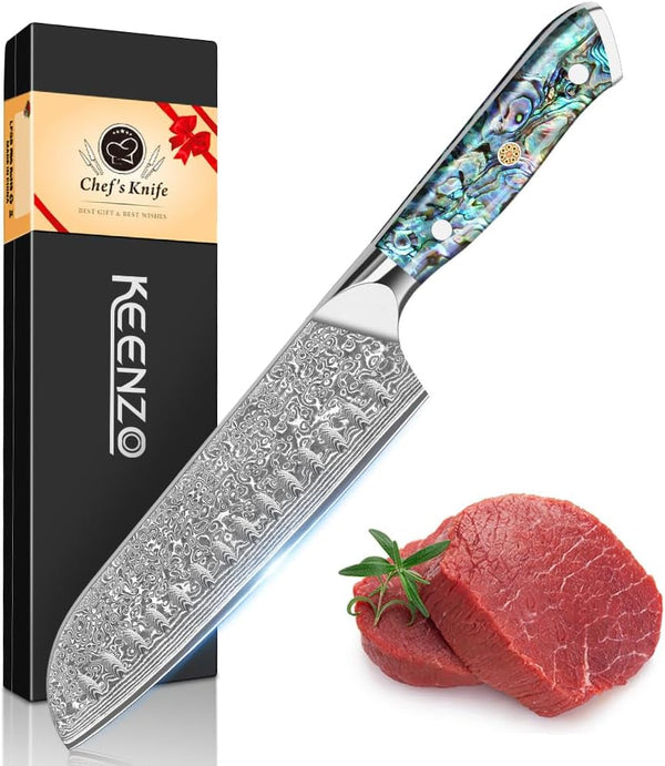 Damascus Santoku Knife 7 Inch, Razor Sharp Professional Chef Knife, Japanese Hand Forged 67 Layers Hammered Damascus Blade, Ergonomic Abalone Shell Handle Cooking Knife with Gift Box1