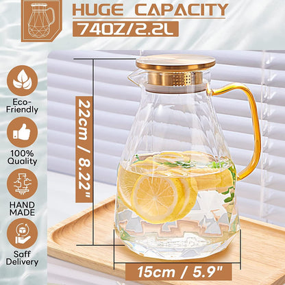 Glass Pitcher, 2.2 Liter Water Pitcher with Lid | Iced Tea Pitcher for Fridge,Carafe with Lid, Glass Water Jug for Juice, Milk, Cold or Hot Beverages, 2 Quart2