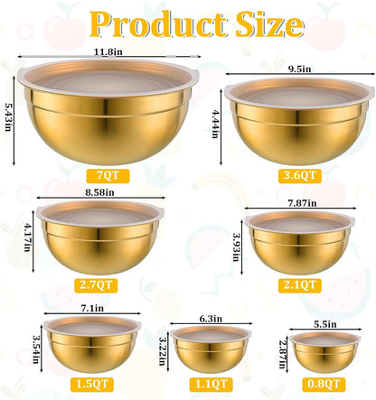 7 Gold Mixing Bowls with Airtight Lids, 7/3.6/2.7/2.1/1.5/1.1/0.8Qt2