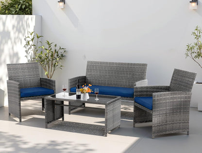 4 Piece Patio Ratten Set Outdoor Furniture Set Wicker Conversation Set with Cushions and Tempered Glass Tabletop,Deep Blue1