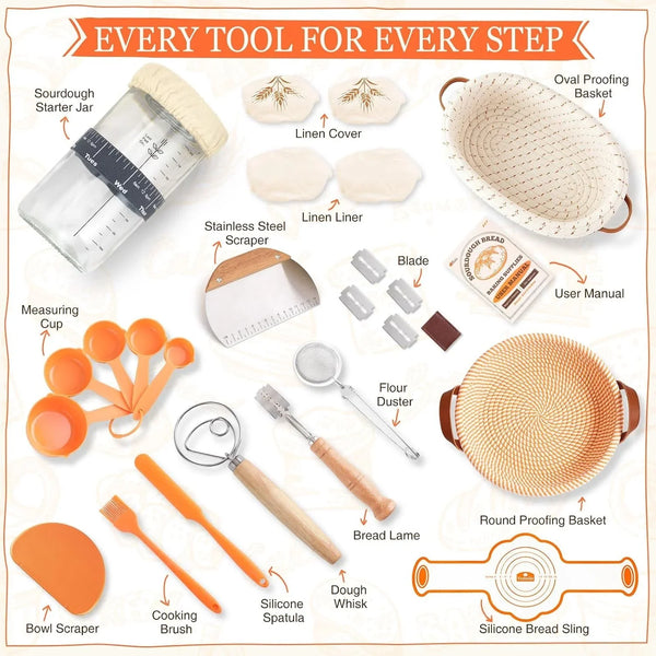Sourdough Starter Kit, Sourdough Bread Baking Supplies, Sour Dough Starter Kits, Woven Bread Proofing Basket, Sourdough Kit Jar Sour Dough Bread Making Tools Kit Accessories, Gifts for Women Mom Wife2