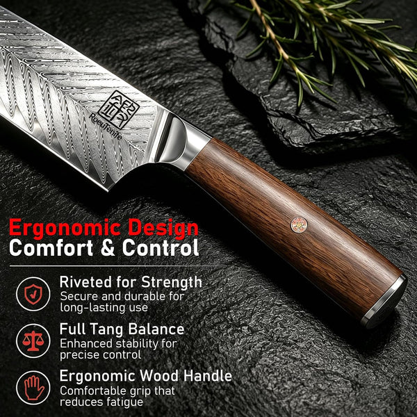 Japanese Chef Knife 8 Inch, 67 Layers Damascus Knife VG10 Steel Core, Hand Sharpened 10-12° Sharp Edge, Professional Kitchen Knife with Rosewood Handle and Gift Box for Meat & Vegetable Cutting3