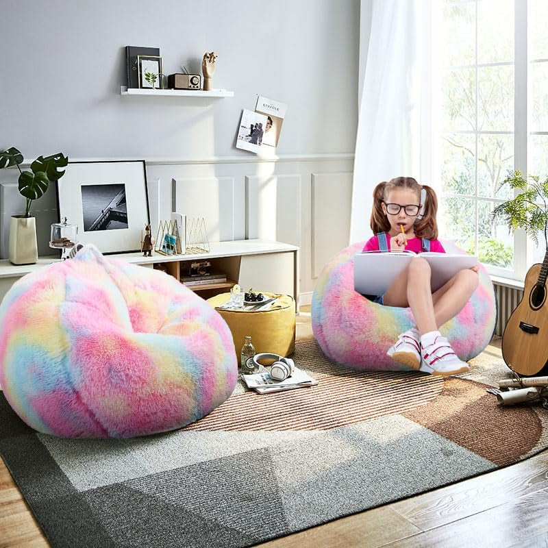 fluffy-bean-bag-chair-for-kids-2-5ft-round-memory-foam-filled-bean-bag-for-teens-kids-ultra-soft-faux-fur-fabric-bean-bag-chairs-for-playroom-living-room-bedroom-rainbow