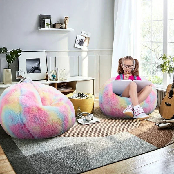 Fluffy Bean Bag Chair for Kids, 2.5FT round Memory Foam Filled Bean Bag for Teens & Kids, Ultra Soft Faux Fur Fabric Bean Bag Chairs for Playroom, Living Room, Bedroom, Rainbow2