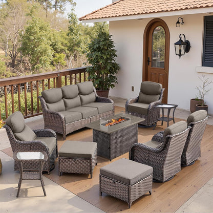 Luxury 6" Thick Cushioned 10 Pieces Patio Furniture Set with Fire Pit Table, Wicker Outdoor Conversation Set with High Back Swivel Rocker Chairs for Deck Porch Yard and Poolside - Brown+Grey1