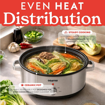 Slow Cooker - 7 Quart Removable Ceramic Pot, Manual Controls with 3 Temperature Settings, Dishwasher Safe Crock and Glass Lid, Stainless Steel7