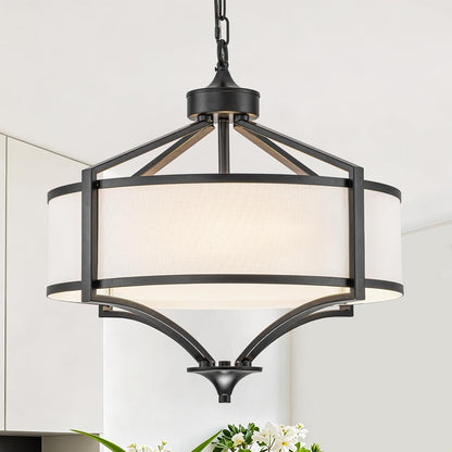 20" Farmhouse Modern Chandeliers for Dining Room Black Drum Chandelier Kitchen Island Light Fixtures, Large Pendant Light with Fabric Shade for Living Room Bedroom1