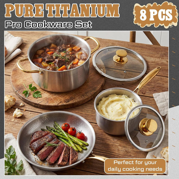 Titanium Pots and Pans Set,6 Pcs,Essential Cookware Set | Titanium Pans for Cooking with Lids, Spoon, Spatula, Triply Titanium No Coating for Induction, Cooktops, Safe up to 1000°F4