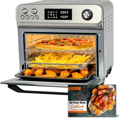 Air Fryer Toaster Oven Combo, 26Quart 10-In-1 Extra Large Countertop Convection Oven with LED Display Knob Control, 1800W Stainless Steel, Less Oil, Faster Cooking,7 Accessories+Recipe1