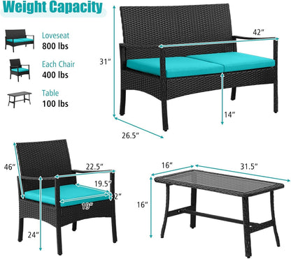 4 Pieces Rattan Conversation Set, Patio Sofa Couch Set with Tempered Glass Coffee Table, Seat Cushions, Outdoor Wicker Loveseat Set for Poolside, Courtyard, Balcony (1, Turquoise)4