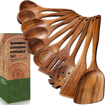 10 Pcs Wooden Spoons for Cooking, Natural Teak Wooden Kitchen Utensils Set, Durable Cooking Utensils Set with Comfort Grip for Cookware, Smooth Finish&Nonstick& Heat Resistant Wooden Spatula1