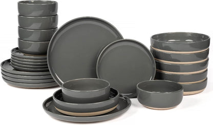 24-Piece Dinnerware Sets for 6, Ceramic Plates and Bowls Set with Partially Unglazed Base, Handcrafted Look, Stoneware Dishes Set for Kitchen, Gray, Dinner & Dining, Microwave & Dishwasher Safe1