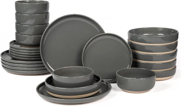 24-Piece Dinnerware Sets for 6, Ceramic Plates and Bowls Set with Partially Unglazed Base, Handcrafted Look, Stoneware Dishes Set for Kitchen, Gray, Dinner & Dining, Microwave & Dishwasher Safe1