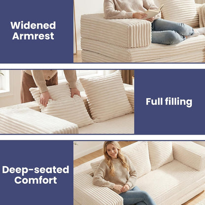 Convertible Sofa Bed, 4-In-1 Boneless Loveseat with Removable Armrests Backrest, Corduroy Futon Couch Bed with Pillow, Foldable Mattress Sleeper Sofa for Living Room Bedroom Small Place (Beige)6