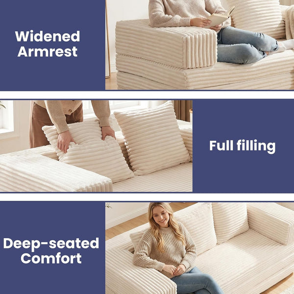 Convertible Sofa Bed, 4-In-1 Boneless Loveseat with Removable Armrests Backrest, Corduroy Futon Couch Bed with Pillow, Foldable Mattress Sleeper Sofa for Living Room Bedroom Small Place (Beige)6