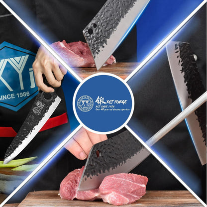 Professional Kitchen Knife Set with High-Carbon Steel Forged Blades | Chef'S Knife, Cleaver, Carving Knife, Nakiri, Full Tang Design, Includes Carrying Bag & Poultry Scissors4
