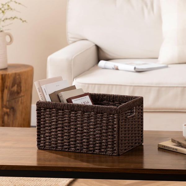 Dark Brown Wicker Baskets for Shelves, Hand-Woven Storage Baskets5