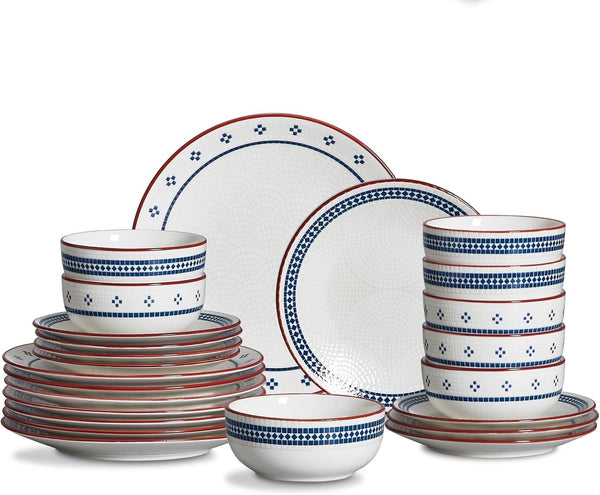 Dinnerware Sets for 8, 24-Piece Stoneware Plates and Bowls Sets for 8 Everyday Dishware Sets for 8, Microwave Safe, Scratch-Resistant, Vintage Geometric Design, Service for 81