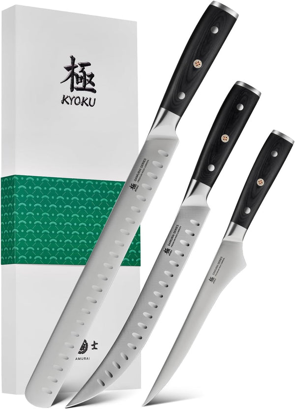 3Pc Kitchen Knife Set - Japanese Steel Boning Slicing Butcher Set | 56-58 Hrc German 1.4116 Steel Full Tang Blades, Pakkawood Handles, Meat Fruit Vegetable Dicing Carving Set with Sheaths1