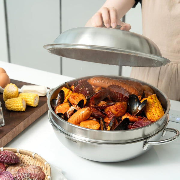 316 Stainless Steel Heavy Duty 12.6 Inch 6.3 Quart Wok Pan with Lid and Steamer, Stir Fry Pan, 5Ply, Induction Cookware, Dishwasher Safe, Oven Safe2