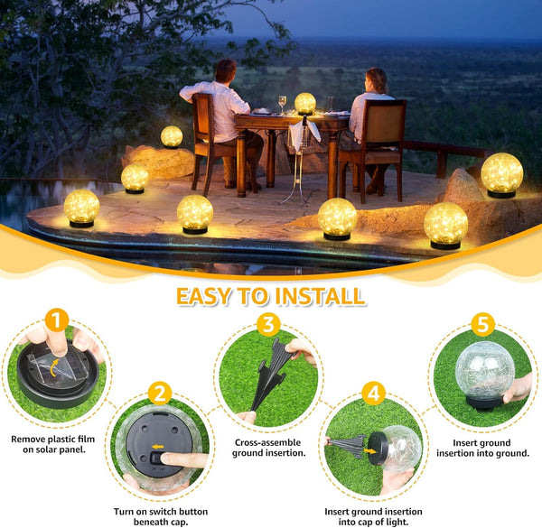 2-Pack Garden Solar Lights Outdoor, Cracked Glass Ball Light Waterproof, Decorative Solar Globe Lights Warm White for Yard Pathway Patio Lawn8