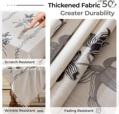 Lily Flowers Cotton Linen Table Cloth for Rectangle Tables Floral Embroidered Tablecloth with Tassels Farmhouse Table Cover for Kitchen Dining,Party,Holiday,Christmas,Buffet (Grey,55"X70")3