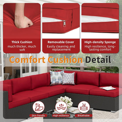7-Piece Outdoor Patio Furniture Black Rattan Wicker Sectional Sofa Conversation Set with Glass Top Table and Cushions (Red)3