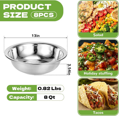 8 PCS Stainless Steel Mixing Bowls 13 Inch 8 Qt Extra Large Metal Basin with Mirror Finish, Heavy-Duty Salad Dough Bowl Kitchen Prep Bowl Dishwasher Safe Dish Tub for Home & Commercial Cooking2