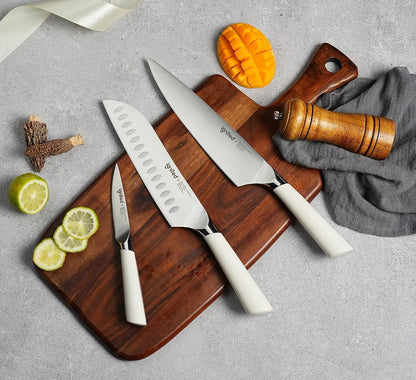 3 Piece Chef Knife Set - German Stainless Steel, Ivory White Handle5