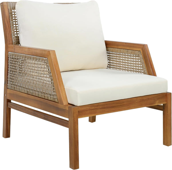 Zura 4 Piece Patio Furniture Set with Removable Cushion, Outdoor Acacia Wood Conversation Set with Ottoman, Outdoor Sectional Sofa Set with Coffee Table, Teak+Cream19