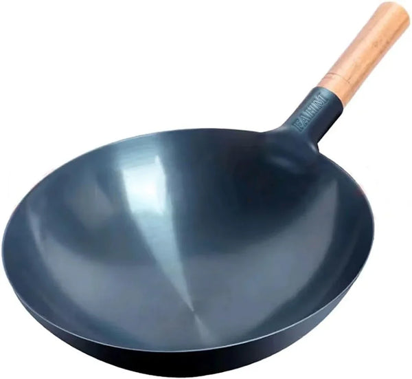 14 Inch Pre-Seasoned Blue Carbon Steel Wok – Traditional round Bottom Chinese Pow Wok with Wooden Handle for Gas Stovetops & Open Fire (5 Quart)1